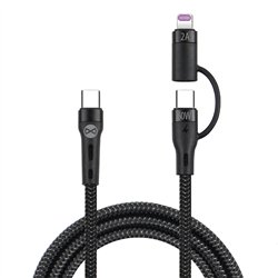 Forever 2in1 kabelis USB-C - Lightning + USB-C 1,0 m 60W melns